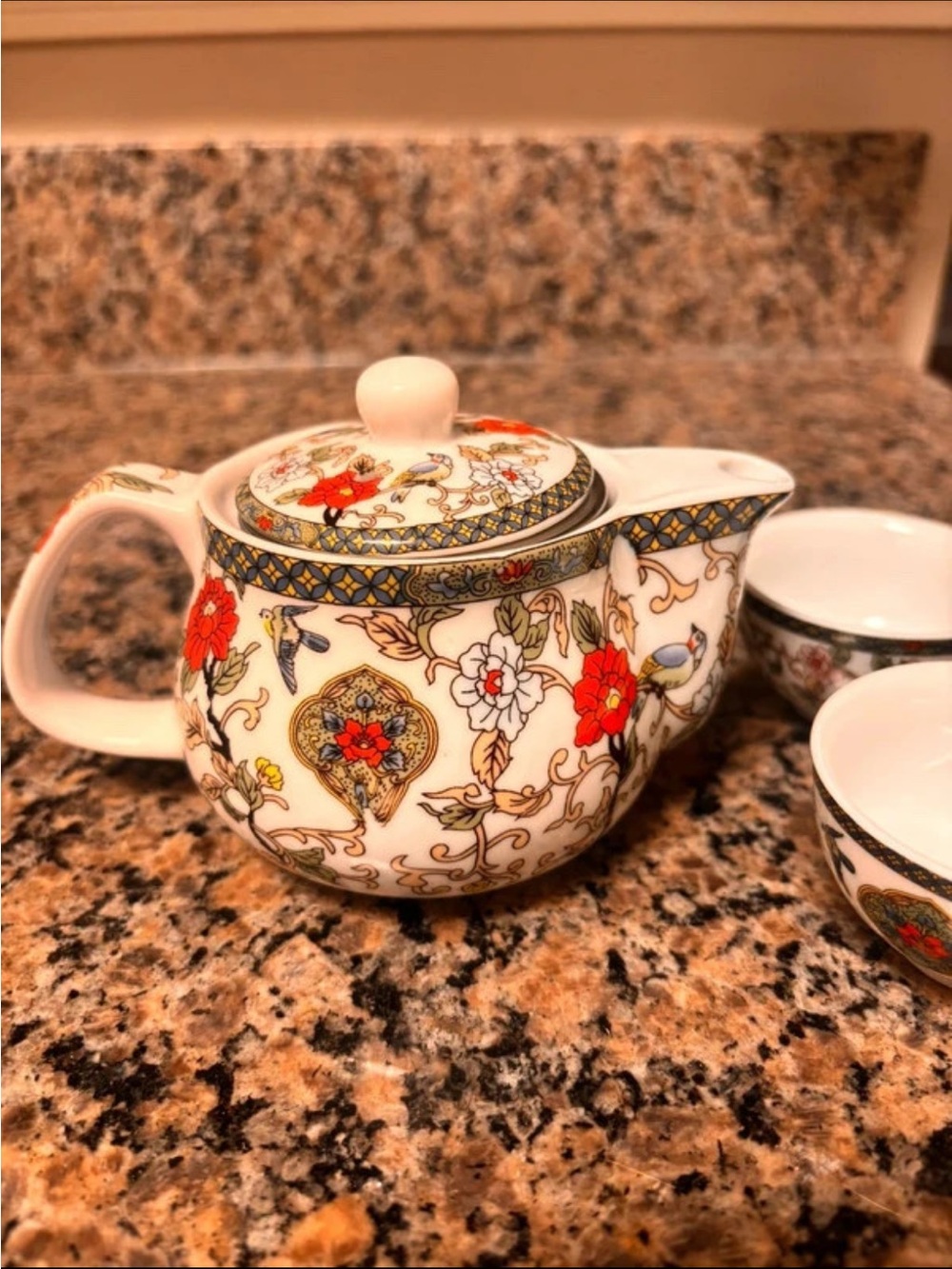 Porcelain Teapot with Red Floral Pattern
